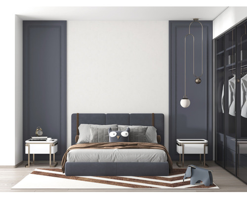 Schlafzimmer mit Bett, Nachttischen, Teppich und Kleiderschrank