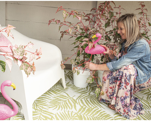 Dekorierte Veranda mit Frau, Gartenflamingo, Pflanze, Blumentopf, Teppich und Stuhl