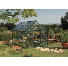 Gewächshaus mit Pflanzen und Gartenmöbeln im Garten