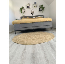 Schlafzimmer mit Bett, Wandregalen und rundem Teppich