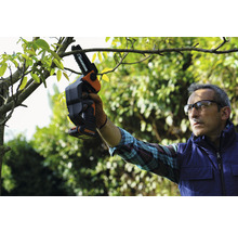 Eine Person benutzt eine Akku-Kettensäge zum Beschneiden eines Baumes.