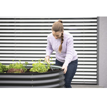 Frau arbeitet im Gartenbeet mit Gemüsepflanzen.