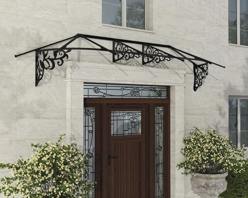 Haustürvordach mit filigranem, schwarzem Metallrahmen