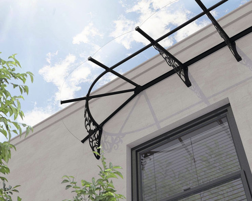 Vordach aus Stahl und Glas über einem Fenster