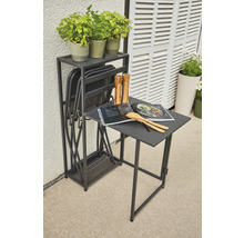 Gartenszene mit Klapptisch, Klappstühlen, Kräutertöpfen, Kochbuch und Küchenutensilien