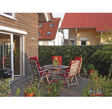 Terrasse mit Holzboden, Gartentisch und Stühlen mit roten Auflagen vor einem Haus.