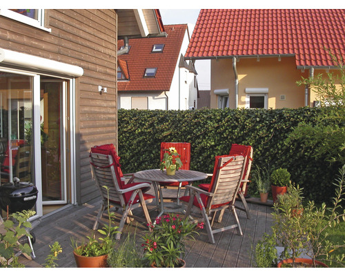 Terrasse mit Holzboden, Gartentisch und Stühlen mit roten Auflagen vor einem Haus.