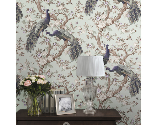 Tapete mit Pfauen-, Blumen- und Vogelmuster