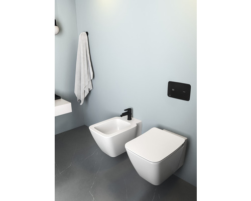 Wandhängendes Bidet und Toilette mit Betätigungsplatte in einem Badezimmer