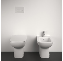 Toilette und Bidet mit Spültaste an der Wand