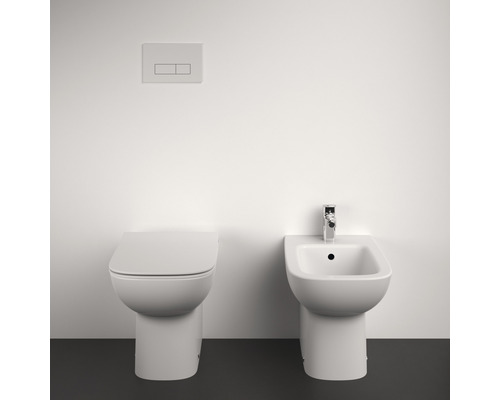 Toilette und Bidet mit Spültaste an der Wand