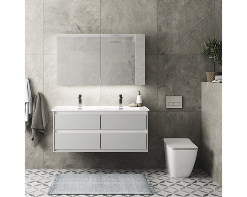 Modernes Badezimmer mit Waschbeckenunterschrank, Spiegelschrank und Toilette