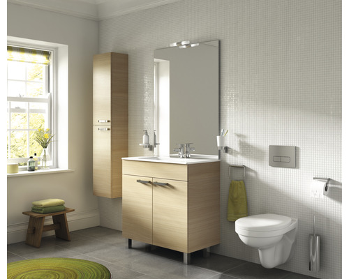 Badezimmer mit Waschtisch, Spiegelschrank, Toilette und Handtuchhalter