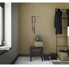 Flur mit Holzpaneelwand, Garderobe, Sitzgelegenheit und Accessoires.