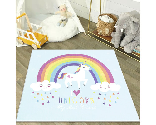 Quadratischer Kinderzimmerteppich mit Einhorn- und Regenbogenmotiv