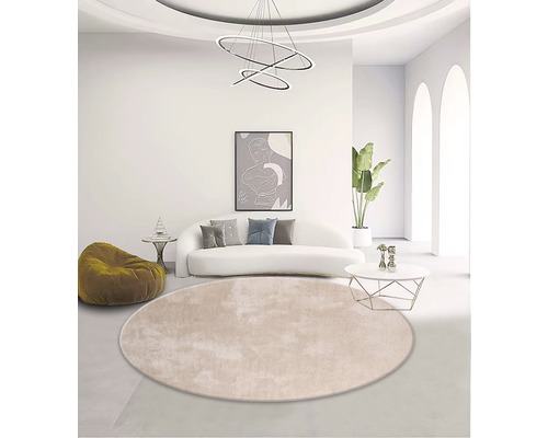 Helles Wohnzimmer mit rundem Teppich, Sofa, Lampe und Dekoration