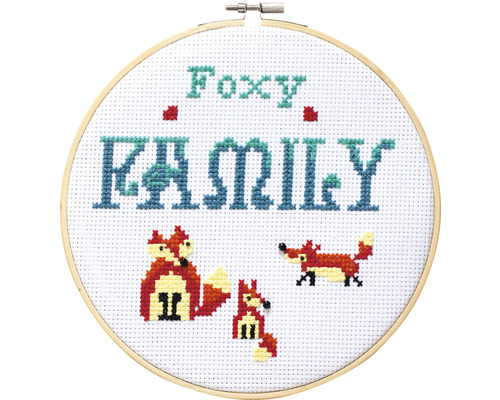 Kreuzstichbild Foxy Family im Stickrahmen