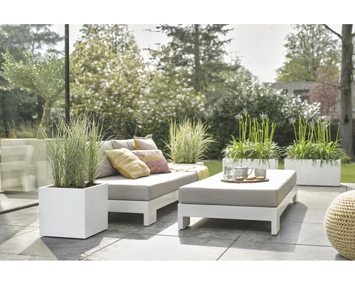 Outdoor-Szene mit Sofa, Kissen, Tisch, Geschirr und Pflanzen in Pflanzgefäßen