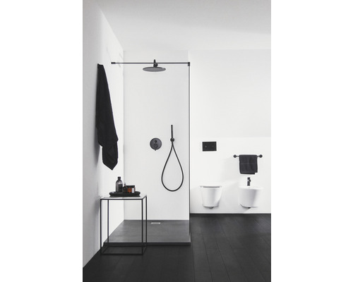 Modernes Badezimmer mit Dusche, Toilette und Bidet in Schwarz und Weiß.