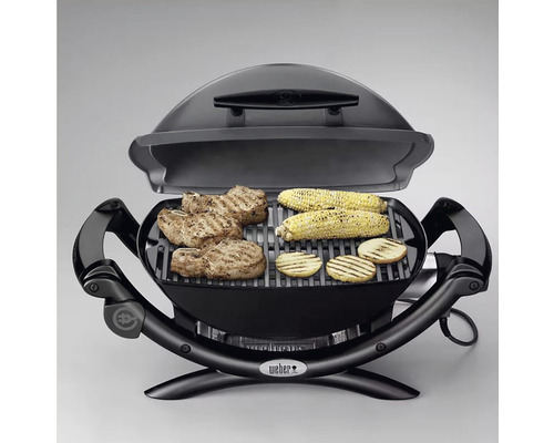 Elektrogrill mit Grillgut wie Maiskolben und Fleisch