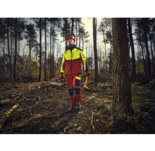 Forstwirt mit Kettensäge und Werkzeug im Wald