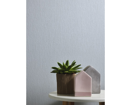 Nahaufnahme einer Tapete mit feiner Textur, kombiniert mit einer Sukkulente im Topf und dekorativen Häusern auf einem Tisch