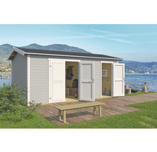 Gartenhaus mit Doppeltür und Sitzbank auf Holzterrasse