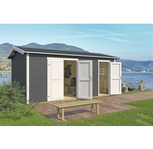 Gartenhaus mit Doppeltür und Sitzbank auf einer Holzterrasse am See