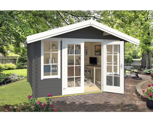 Gartenhaus Robin inkl. Fußboden Unterkonstruktion Fenster 330 x 280 cm carbongrau Gartenhaus mit geöffneten Doppeltüren, Fenster und Büroausstattung