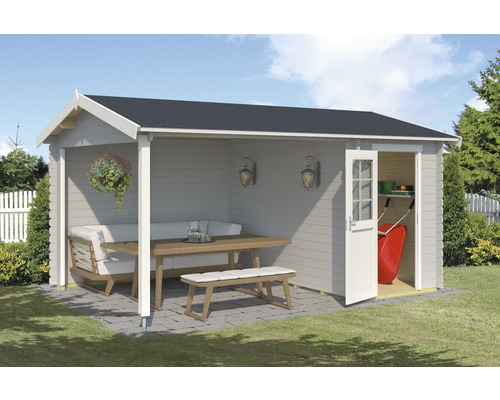 Gartenhaus Wibo inkl. Fußboden Geräteraum Unterkonstruktion 425 x 300 cm lichtgrau Gartenhaus mit überdachter Terrasse, Gartenmöbeln und Geräteschuppen