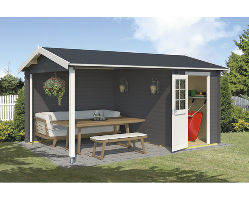 Gartenhaus Wibo inkl. Fußboden Geräteraum Unterkonstruktion 425 x 300 cm carbongrau Holzgartenhaus mit Sitzecke und offenstehender Tür zum Lagerbereich