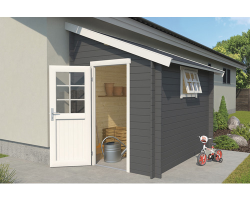 Gartenhaus Jura inkl. Geräteraum Stauboden Fenster 180 x 275 cm carbongrau Gartenhaus mit geöffneter Tür, Fenster und einem Kinderfahrrad