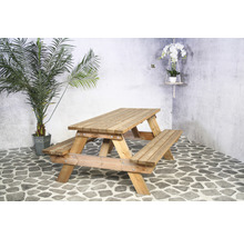 Holzbiertischgarnitur im Außenbereich mit Pflanze