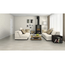 Helles Wohnzimmer mit Sofa, Kamin und Teppich