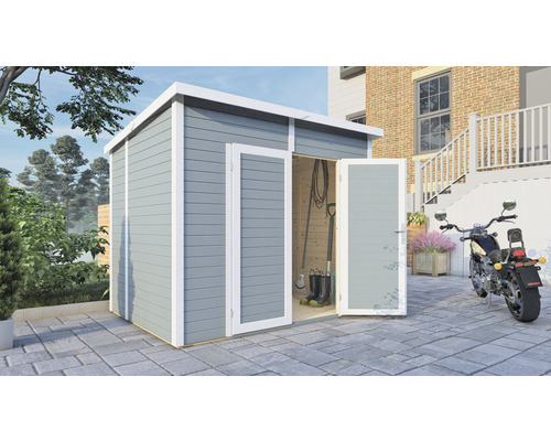 Gerätehaus Bertilo Timmo 4 mit Fußboden 249 x 198 cm silbergrau exclusiv bei Hornbach Gartenhaus mit geöffneten Türen im Garten