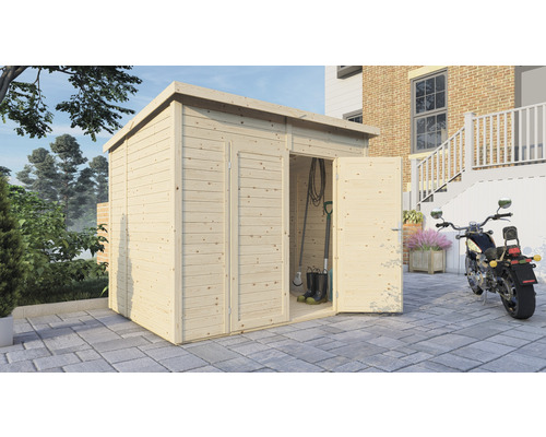 Gerätehaus Bertilo Timmo 4 mit Fußboden 249 x 198 cm natur exclusiv bei Hornbach Holzgartenhaus mit geöffneten Türen und Gartengeräten