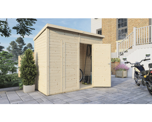 Gerätehaus Bertilo Timmo 2 mit Fußboden 251 x 137 cm natur exclusiv bei Hornbach Gartenschuppen aus Holz mit geöffneter Tür und Gartenzubehör im Inneren