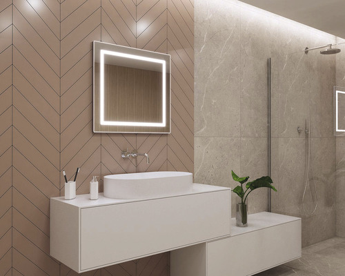 Modernes Badezimmer mit beleuchtetem Spiegel, Waschbecken und Dusche