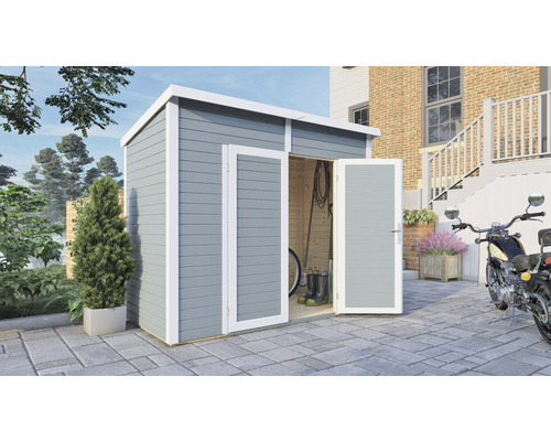 Gerätehaus Bertilo Timmo 2 mit Fußboden 248 x 137 cm silbergrau exclusiv bei Hornbach Garten Szene mit Gerätehaus aus Holz und geöffneten Türen, darin Gartengeräte und ein Fahrrad