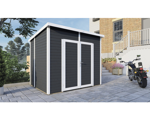 Gartenhaus aus Holz mit Doppeltür vor einem Haus