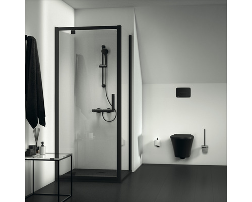 Modernes Badezimmer mit Duschkabine, Toilette und passenden Accessoires.