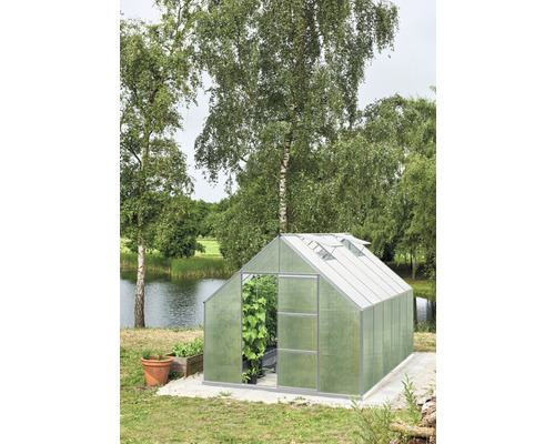 Gewächshaus im Garten mit Pflanzen und Teich im Hintergrund