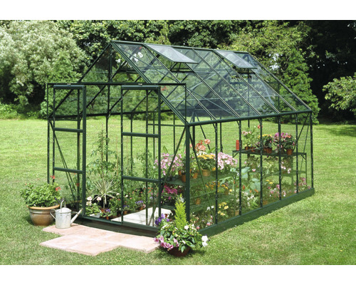 Gewächshaus aus Glas mit Pflanzen im Garten