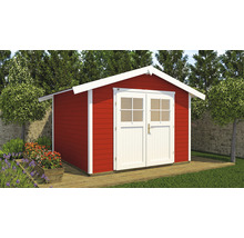 Rotes Gartenhaus aus Holz mit Doppeltür und weißen Akzenten