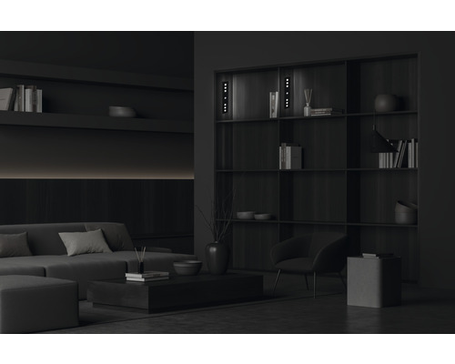Wohnzimmer mit Sofa, Sessel, Bücherregal und Couchtisch für eine stilvolle Inneneinrichtung