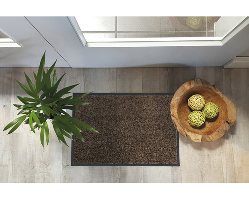 Ansicht von oben auf eine Fußmatte, eine Pflanze und eine Holzschale