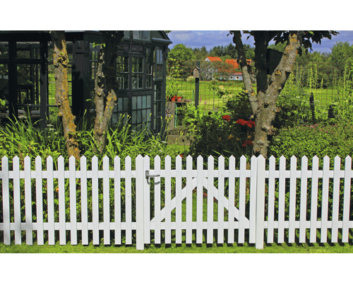 Weißer Gartenzaun mit Tor und Gartenhütte im Hintergrund