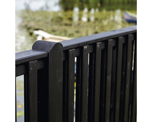 Detailansicht eines schwarzen Holzzauns vor einem Teich