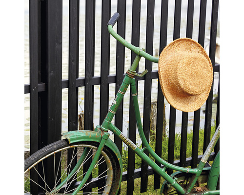 Grünes Fahrrad mit Strohhut lehnt an schwarzem Holzzaun