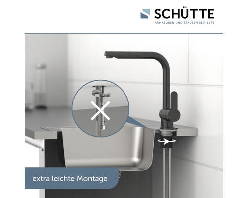 Schwarze Küchenarmatur neben einer Spüle mit dem Hinweis auf eine besonders leichte Montage